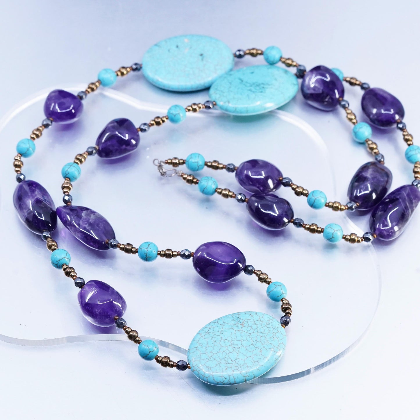 30", turquoise amethyst nugget beads necklace with sterling silver 925 brass