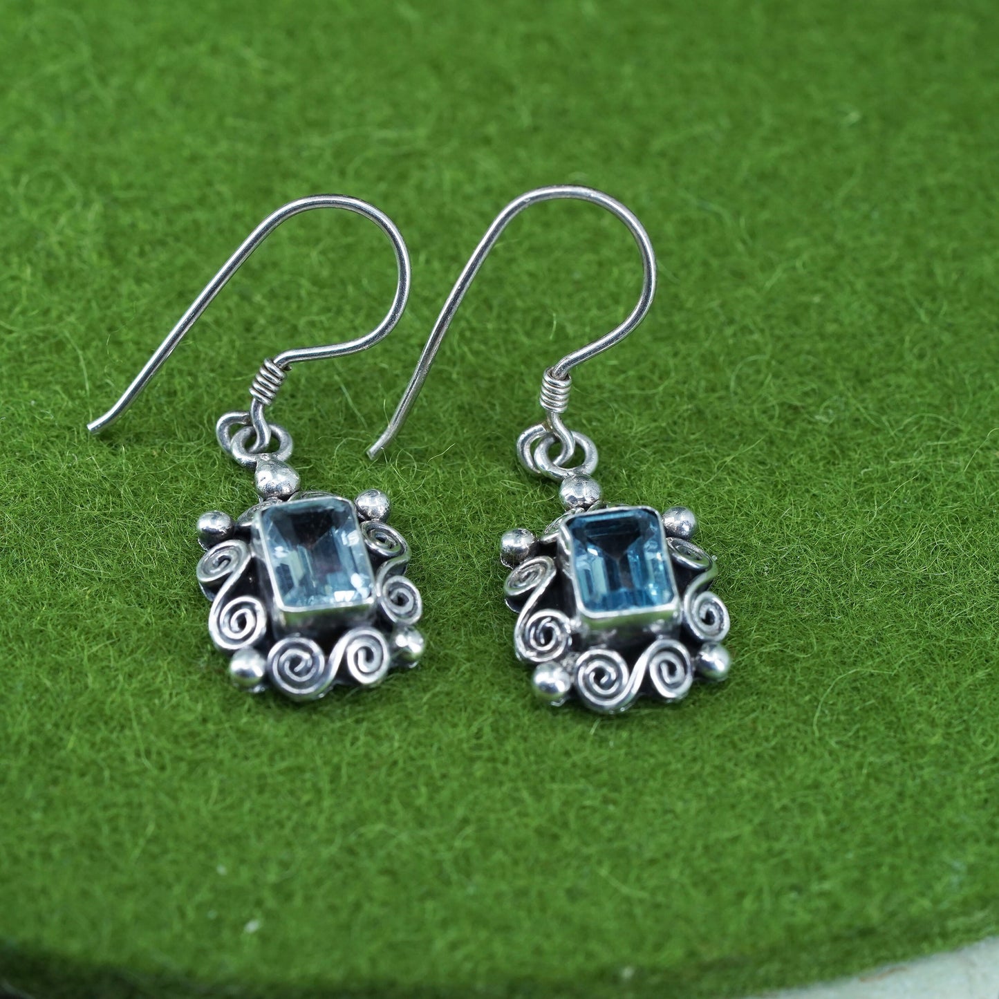 Vintage sterling silver 925 handmade earrings with blue topaz and sprial detail