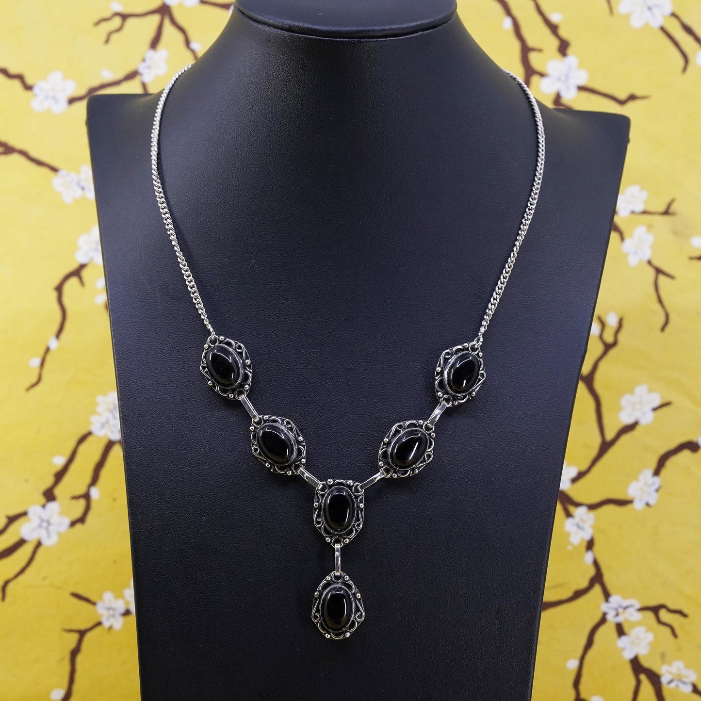 18" 2mm, Sterling silver handmade necklace, 925 curb chain with onyx pendant