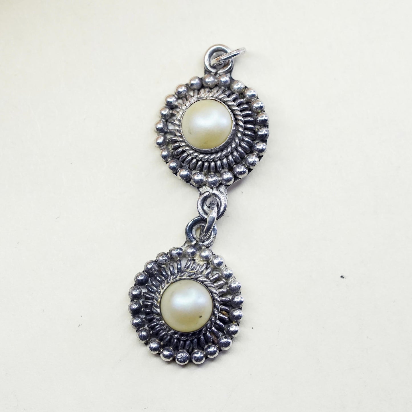 Vintage handmade sterling 925 silver pendant with faux pearl and beads