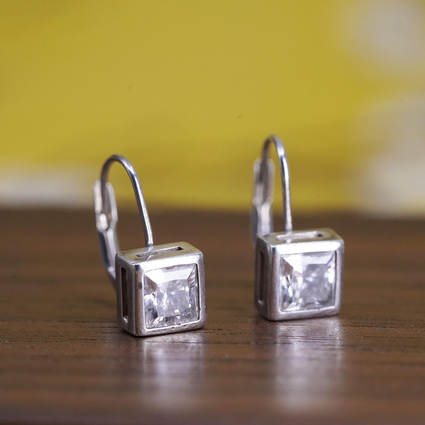 Vintage Sterling 925 silver handmade earrings with square CZ