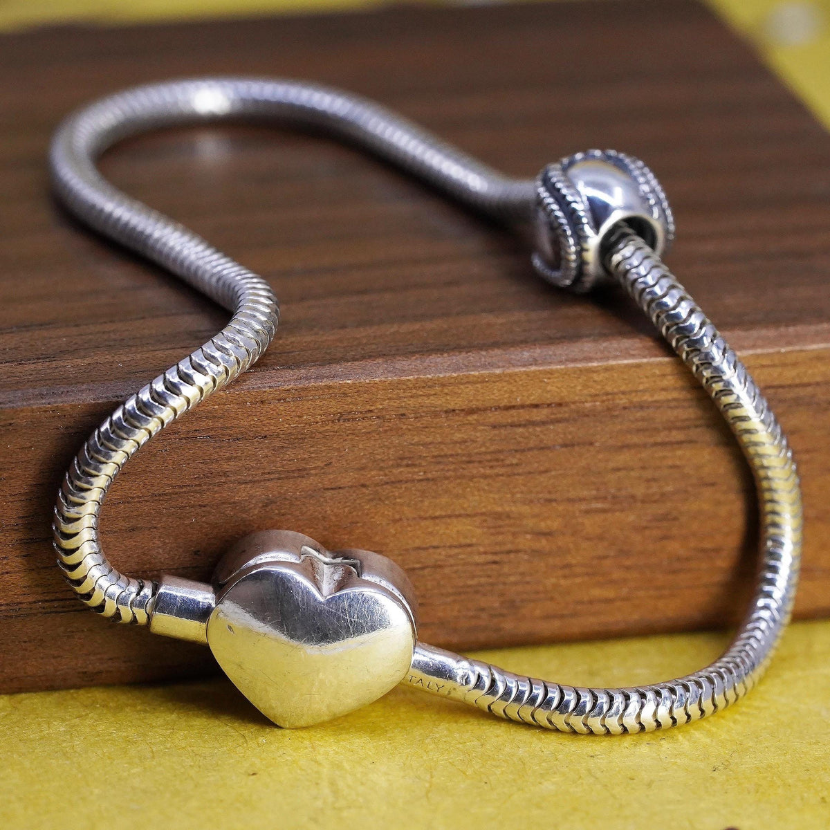 6.25", Italian sterling silver bracelet, 925 snake chain baseball charm heart