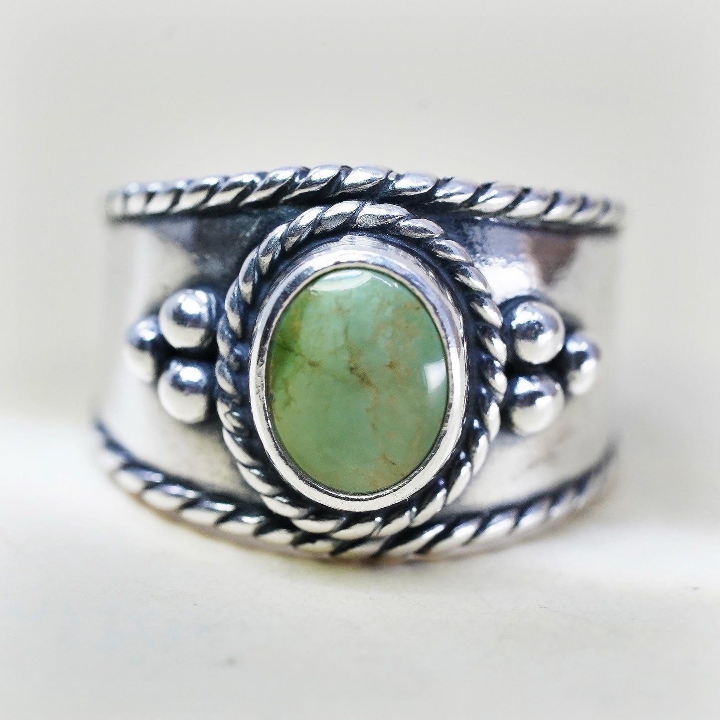 Size 8, Vintage 925 Sterling Silver Green Turquoise Ring, Southwestern Navajo