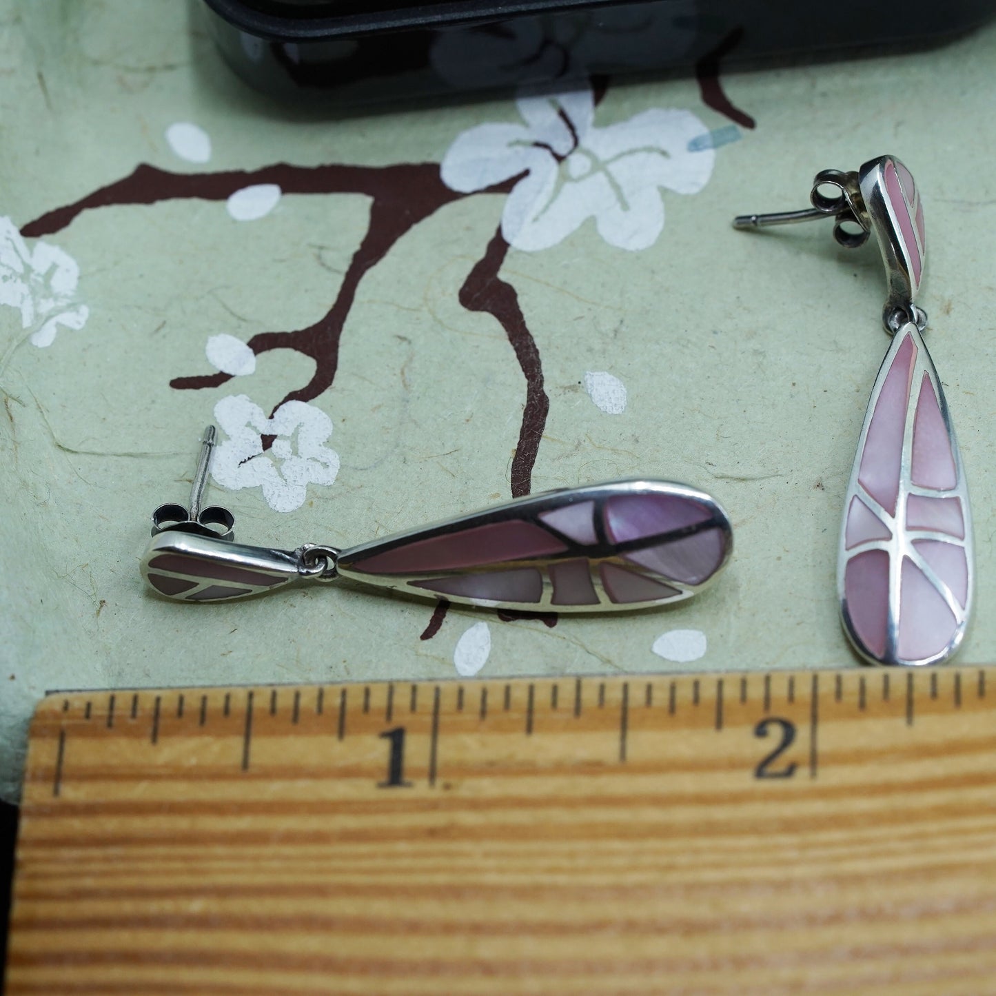 sterling 925 silver handlade teardrop earrings with pink mother of pearl inlay
