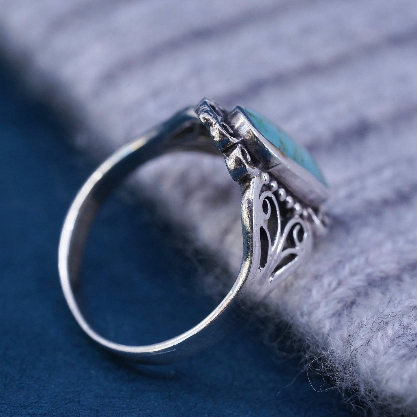 Size 10, vintage Sterling 925 silver handmade ring with turquoise and beads