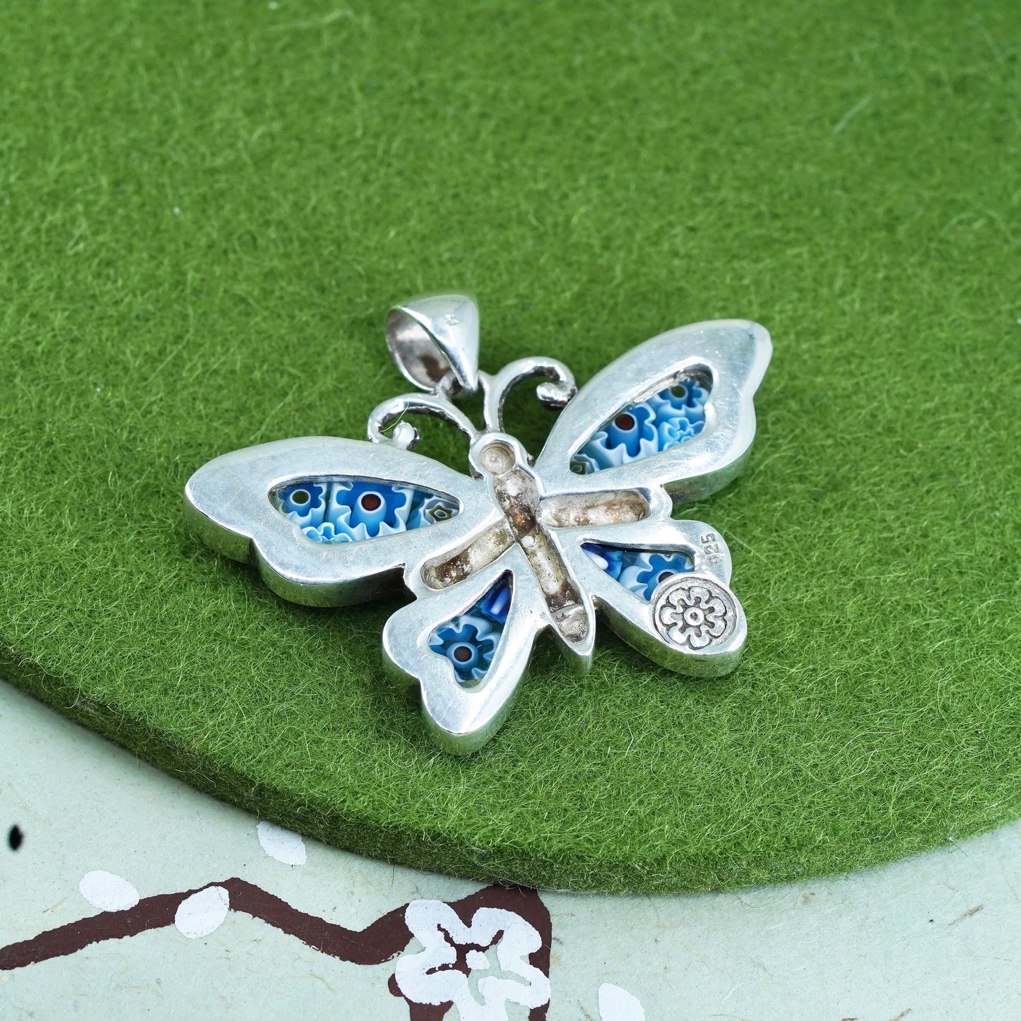 Italian Alan K sterling silver pendant, 925 silver butterfly, blue murano glass