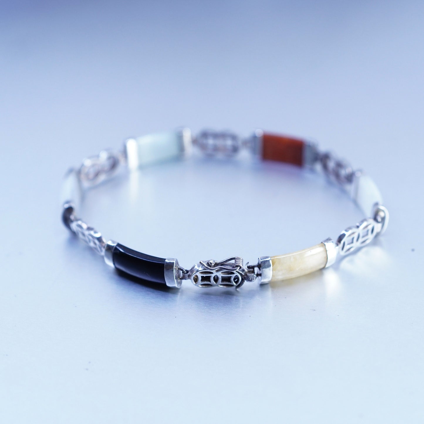 7.25”, sterling 925 silver bracelet with jade, carnelian, obsidian marcasite