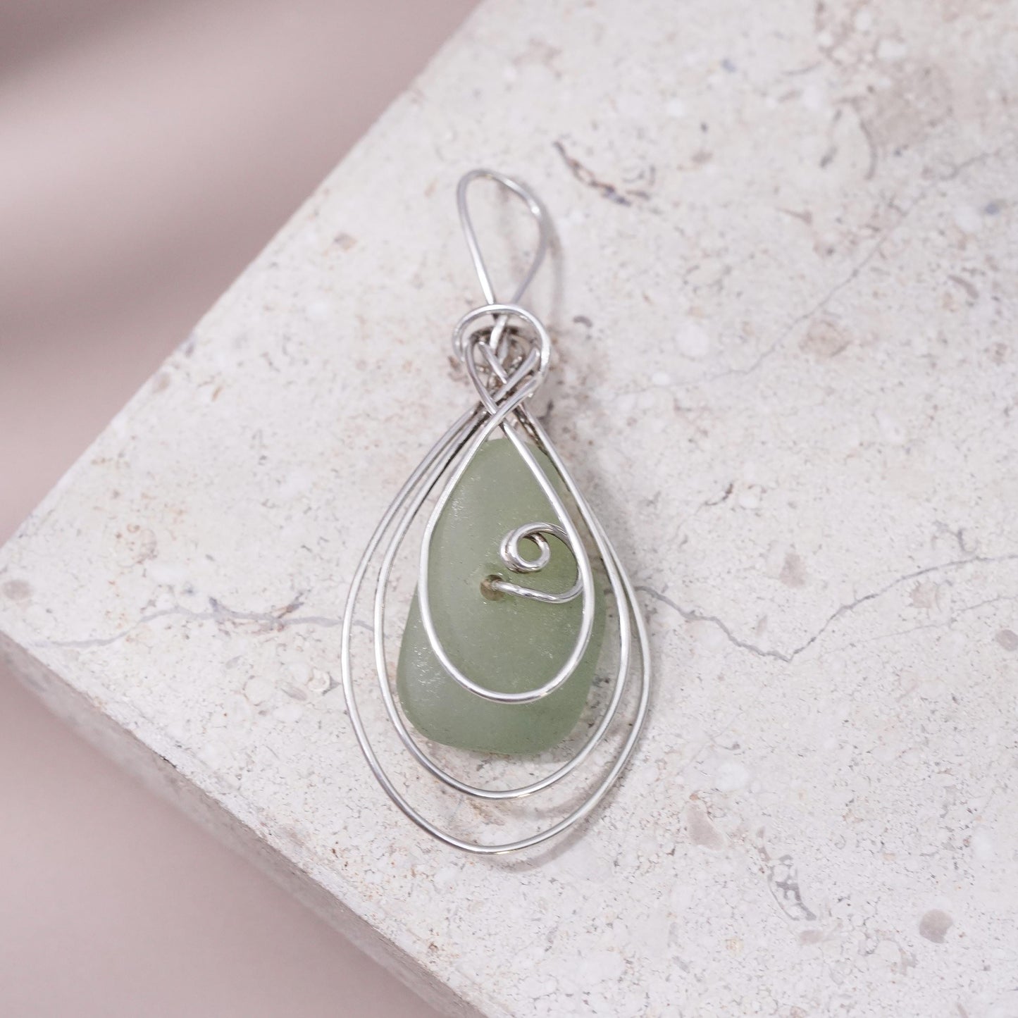 Vintage sterling silver handmade pendant, 925 silver wire with sea washed glass