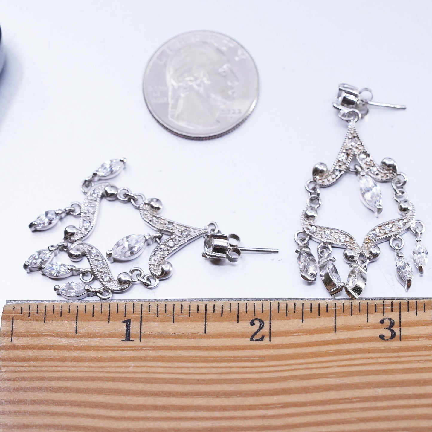 Vintage Sterling Silver CZ Chandelier Earrings, Dangles, Bridal Wedding Jewelry