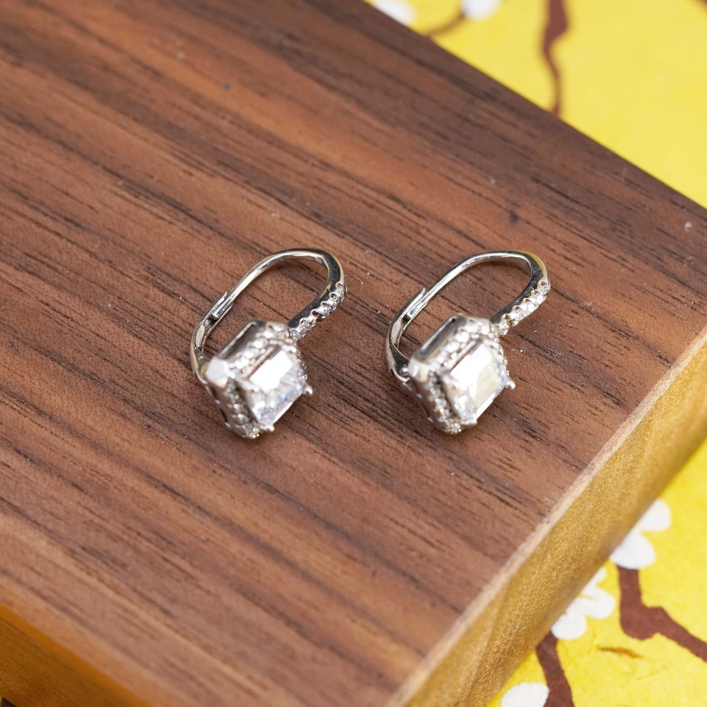 Vintage Sterling silver 925 handmade earrings with square cut CZ