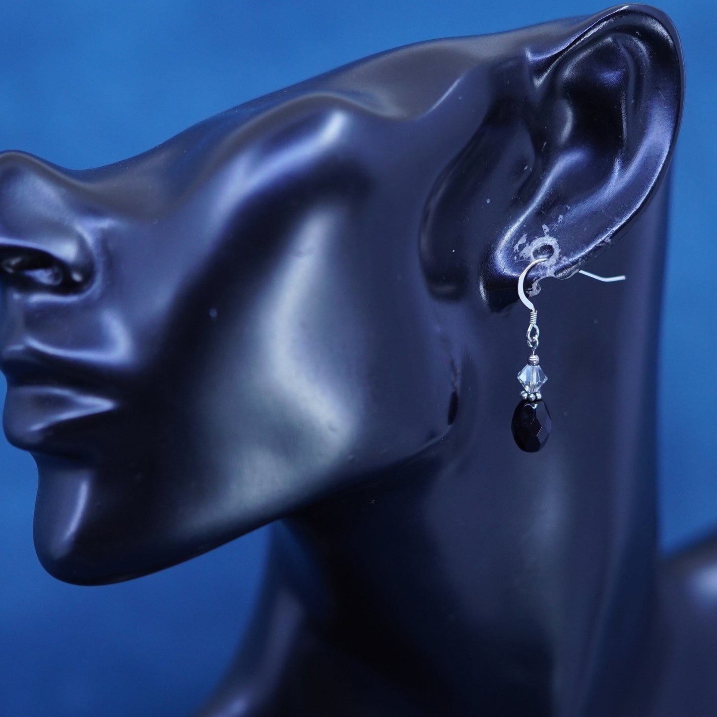 Vintage Sterling Silver 925 earrings with Black Onyx and crystal