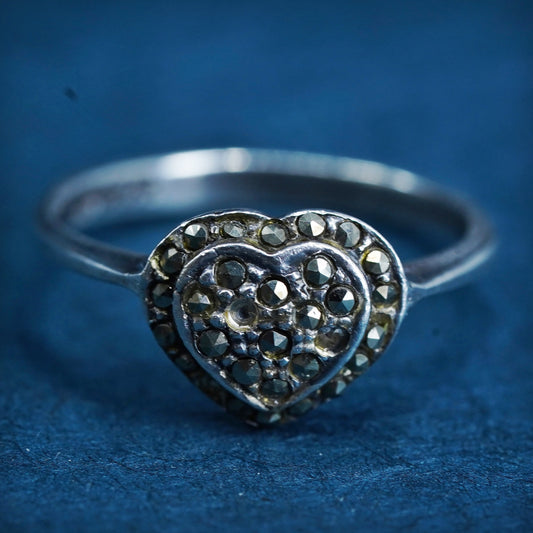 Size 7, vintage Sterling silver handmade ring, 925 heart band with marcasite