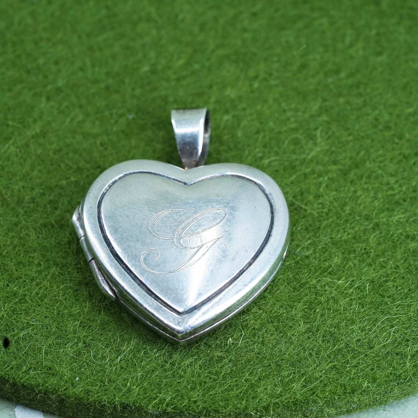 Vintage sterling silver photo locket charm pendant, 925 heart engraved “G”
