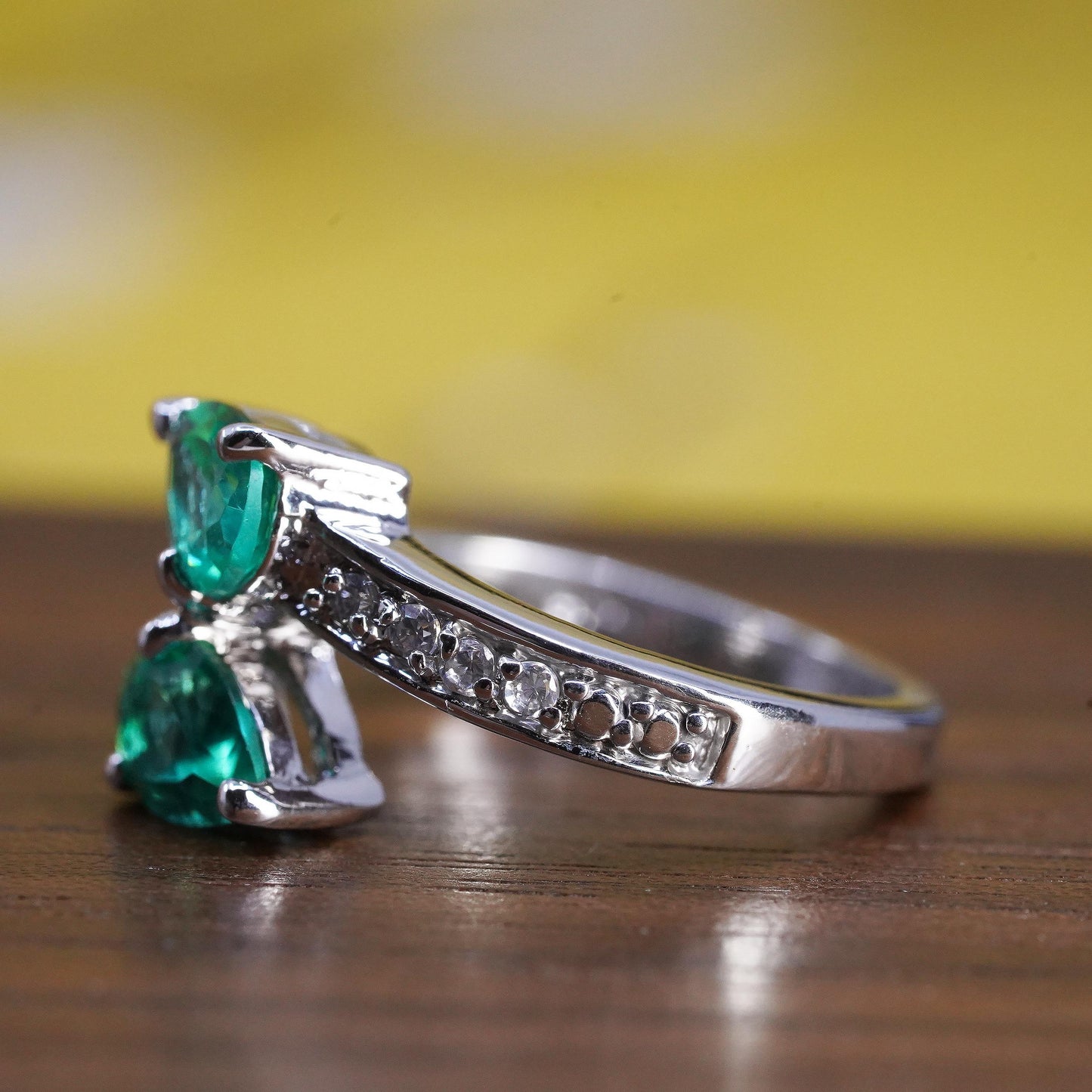 Size 6, VTG Emerald Diamond Bypass Toi et Moi Ring, Sterling Silver 925 Ring