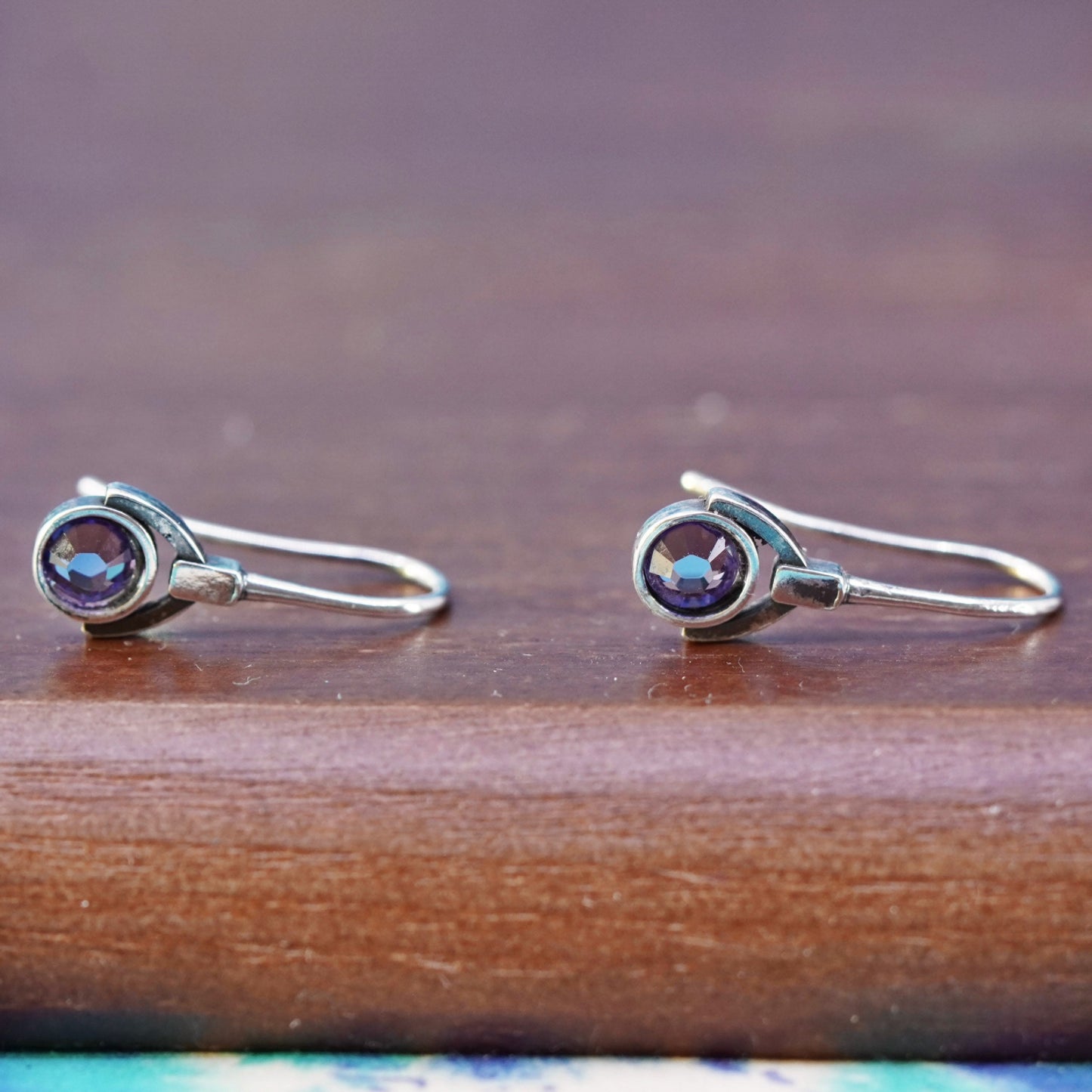 Vintage Sterling silver handmade earrings, 925 dangles with round amethyst