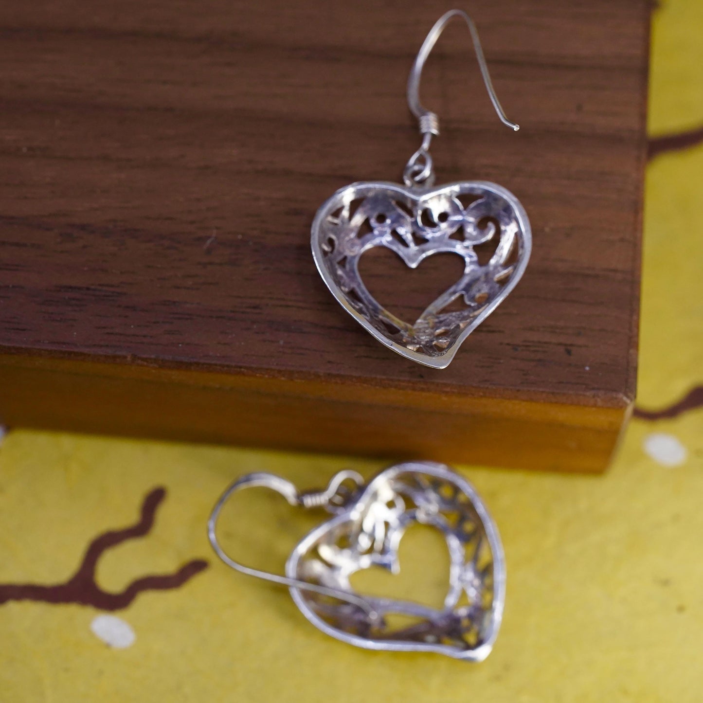 Vintage Sterling silver handmade earrings, 925 filigree heart drops