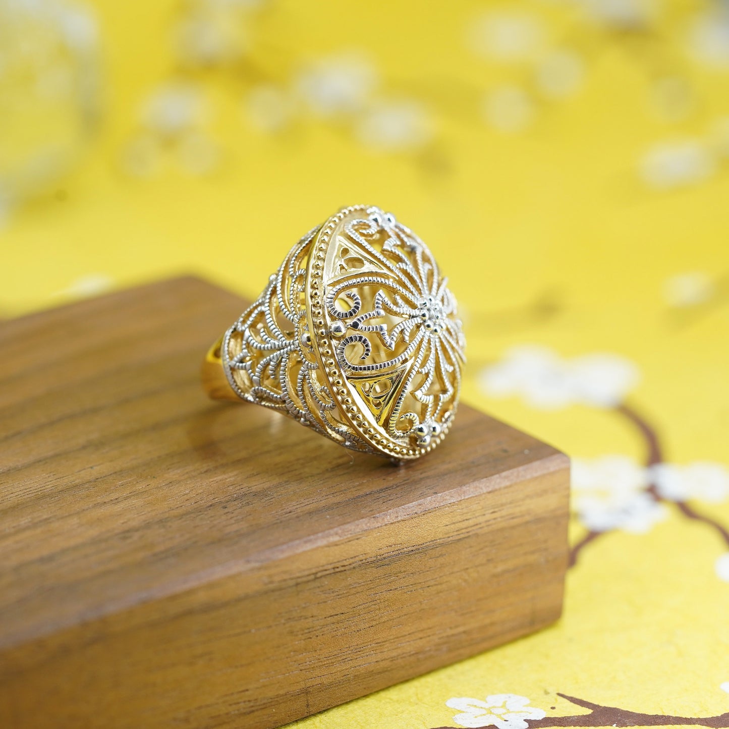 Size 7.75, two tone Sterling silver 925 cocktail filigree crown ring diamond