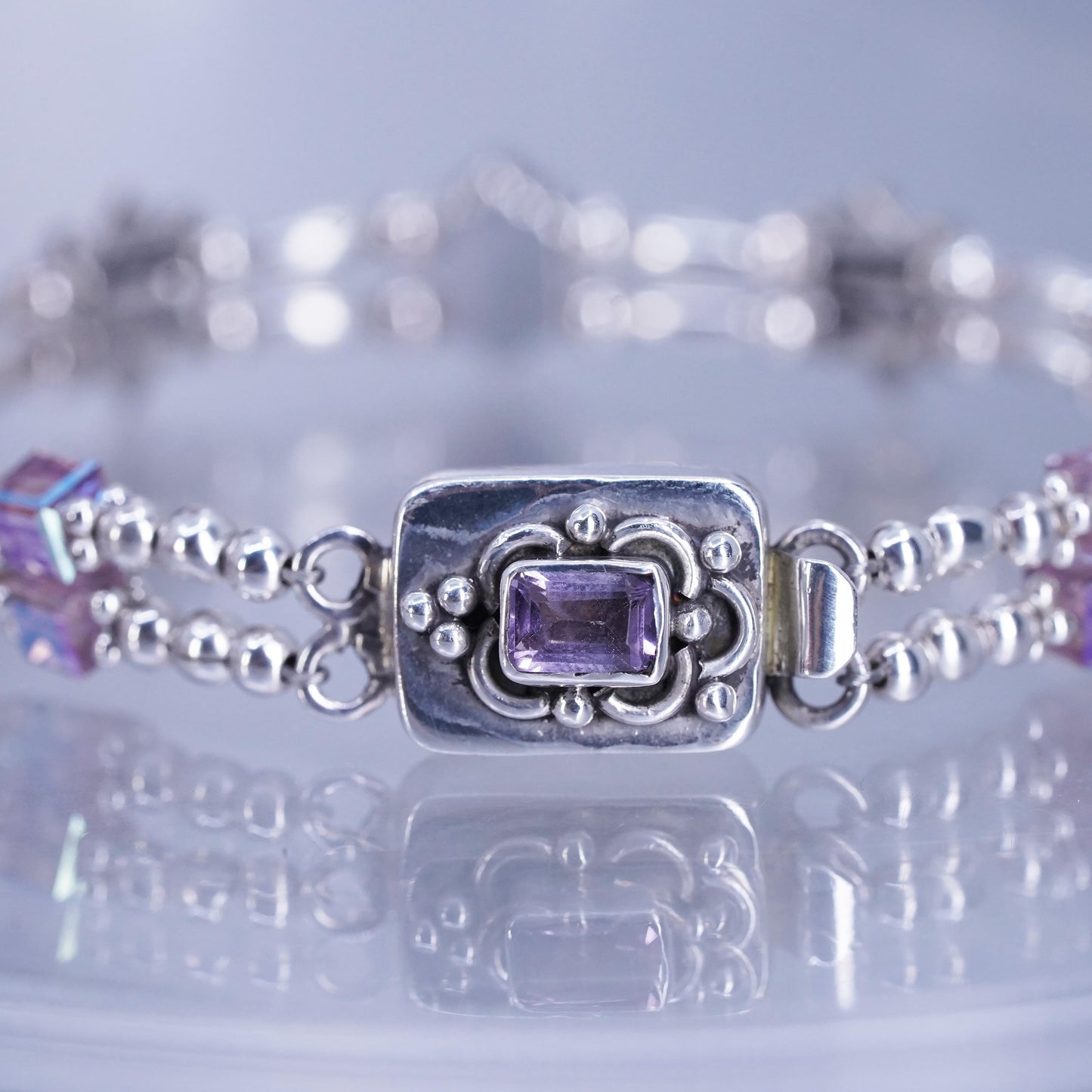 6.5”, Vintage Sterling 925 silver tennis bracelet chain with amethyst