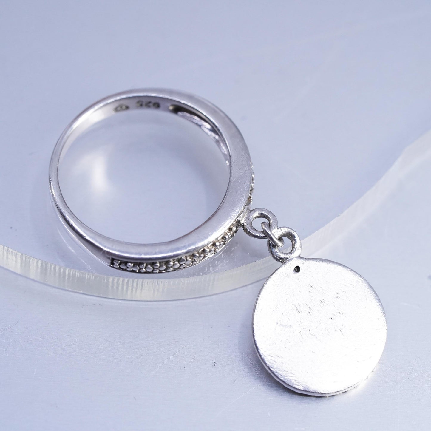 Size 7.25, Sterling 925 silver handmade ring tag charm embossed Trust diamond
