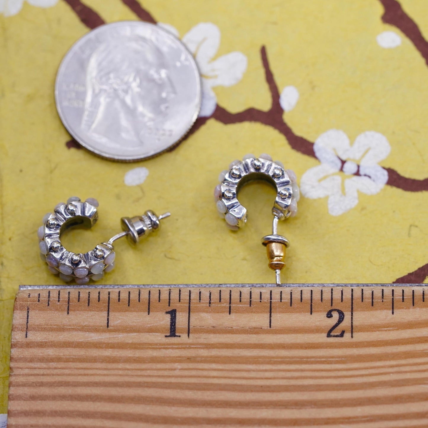 Peyote Bird Sterling silver earrings, southwestern 925 huggie studs MOP