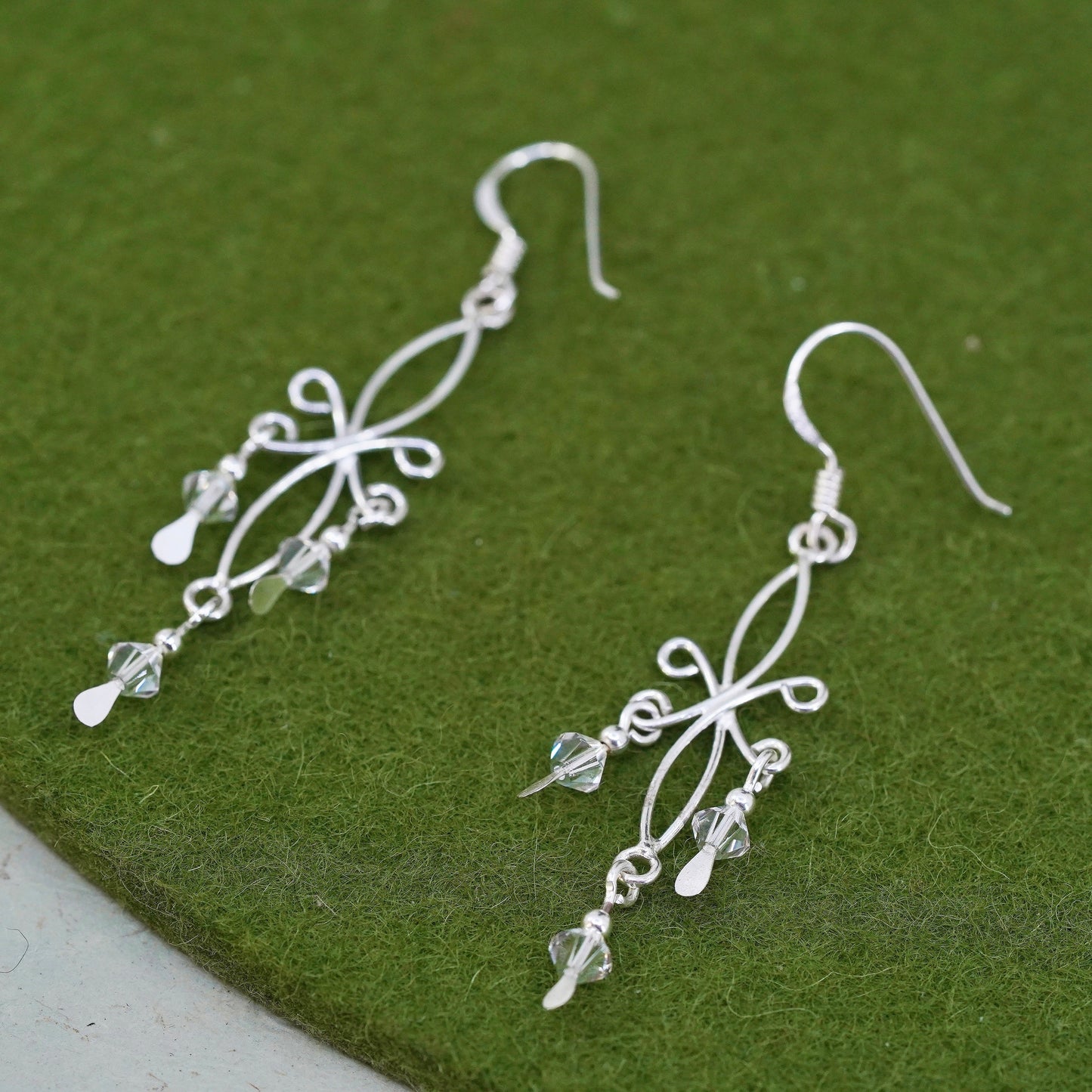 Vintage sterling silver handmade wired floral dangles and crystal, 925 earrings
