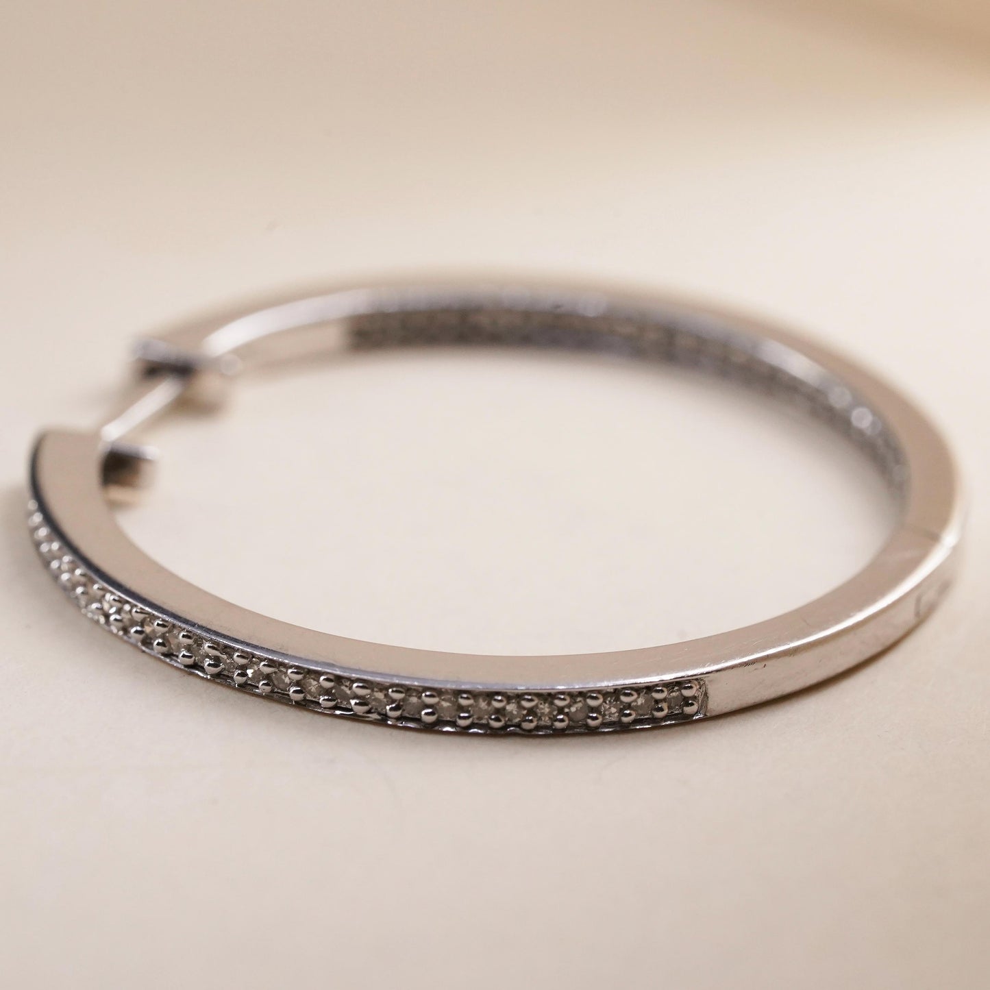 1.25", Vintage sterling silver loop single earring, hoop with cluster diamonds