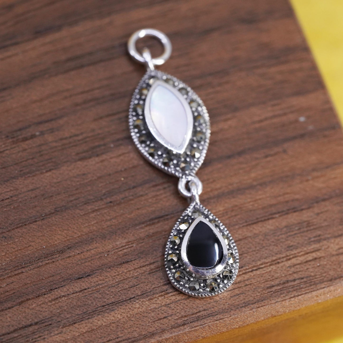 VTG Sterling 925 silver handmade charm pendant mother of pearl onyx marcasite