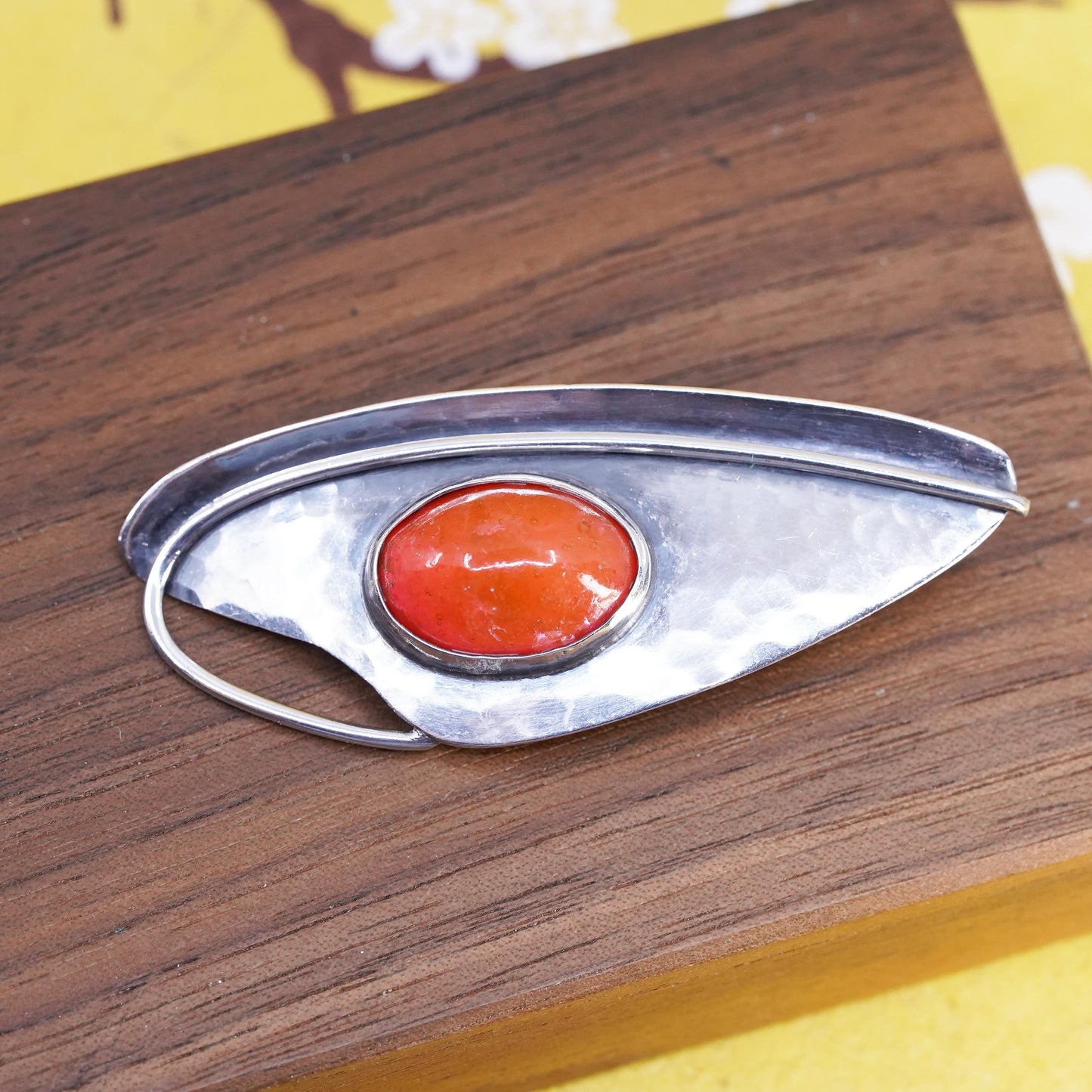 Modernist Sterling Silver 925 Red dragon breath Brooch, Abstract Leaf Pendant