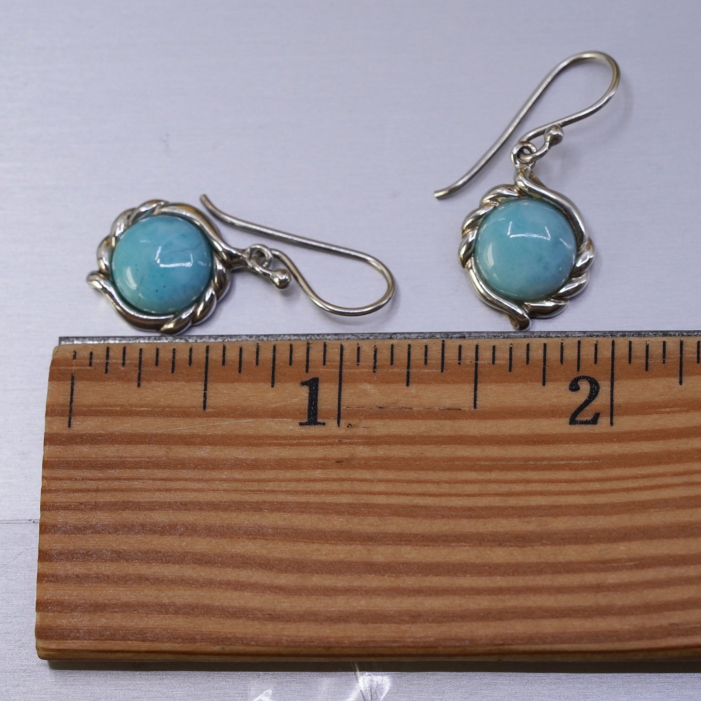 Vintage Sterling 925 silver handmade earrings with round Larimar