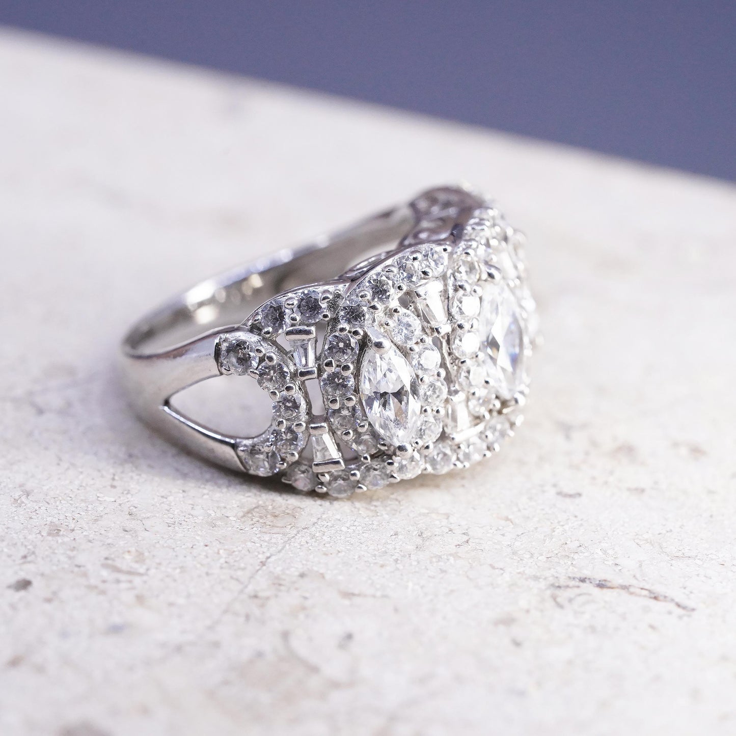 Size 8, Vintage 925 Sterling Silver CZ Marquise Cluster Ring Sparkling Cocktail