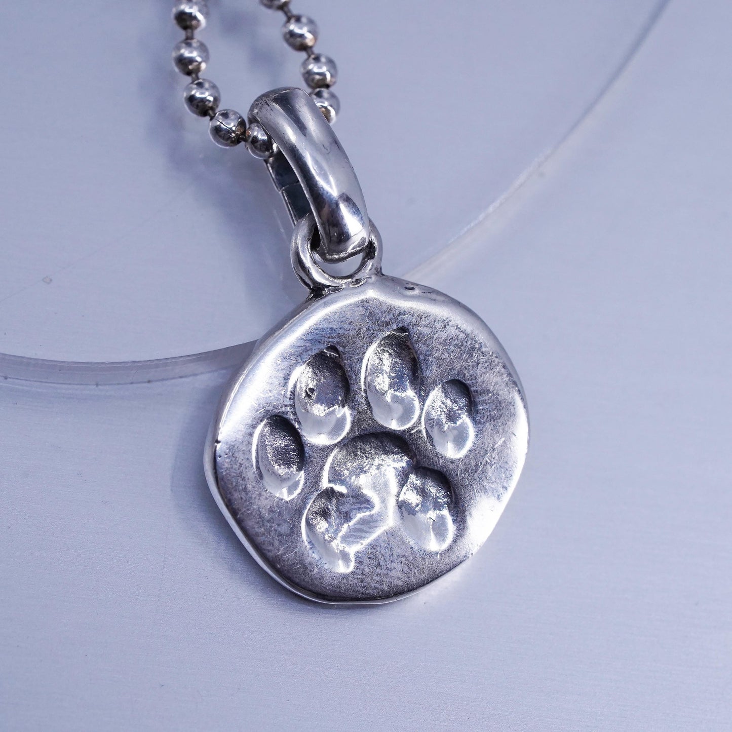 16” 2mm, Sterling 925 silver bead chain necklace with tag embossed paw print