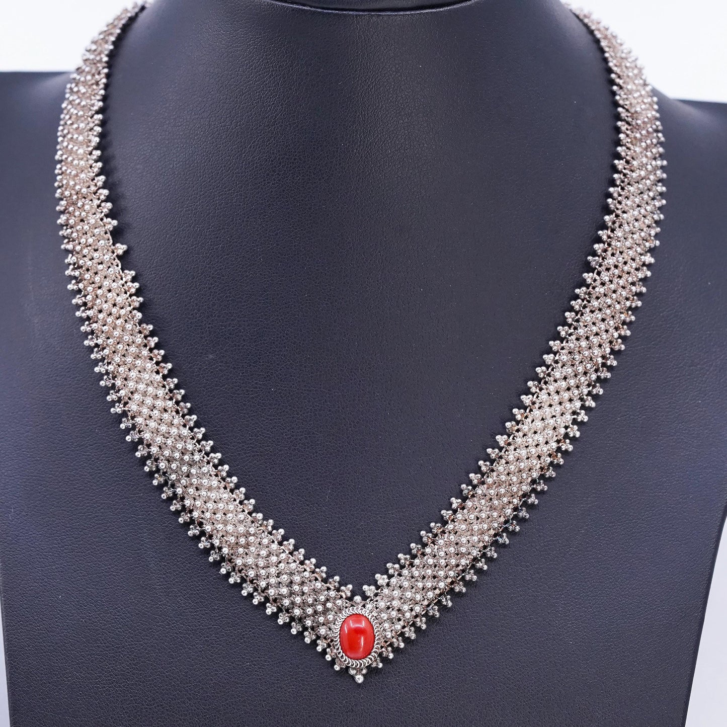 16" Italian Sterling 925 silver wide beaded chain necklace red onyx pendant