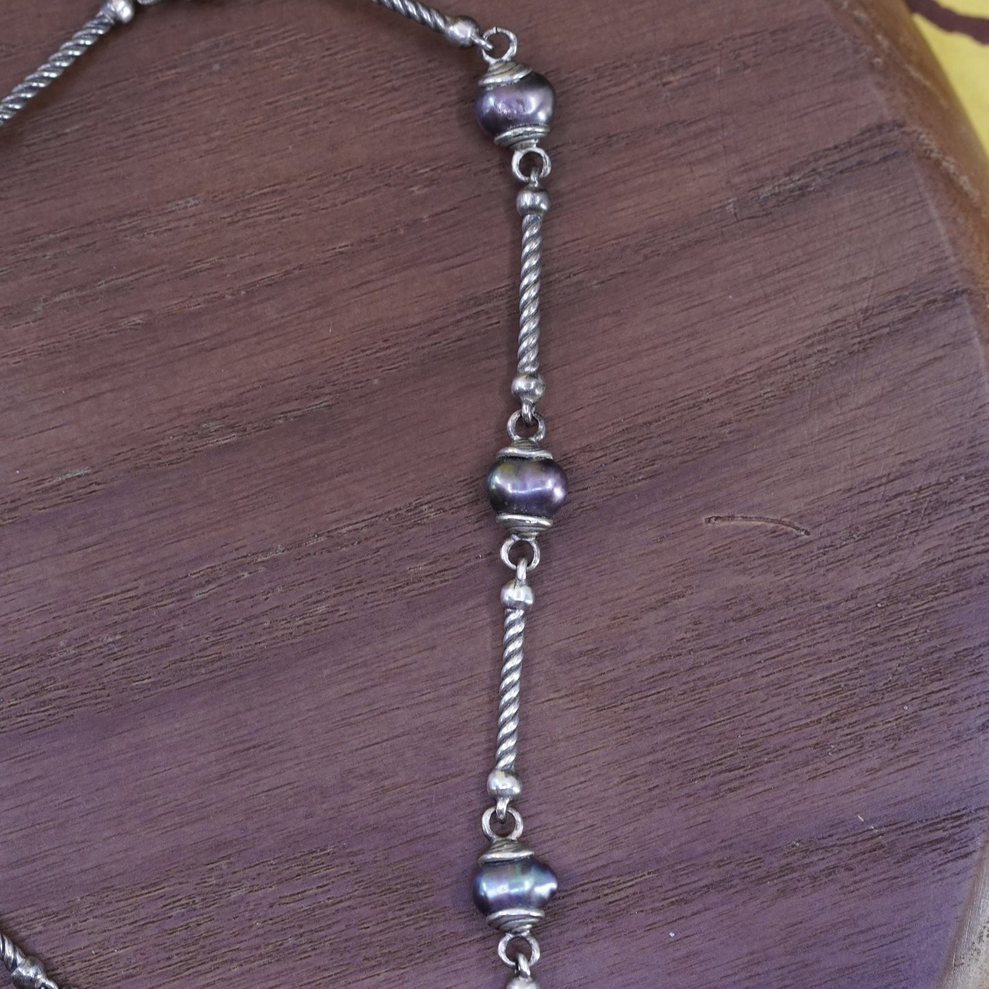 14”, vintage sterling 925 silver handmade bar chain necklace with black pearl