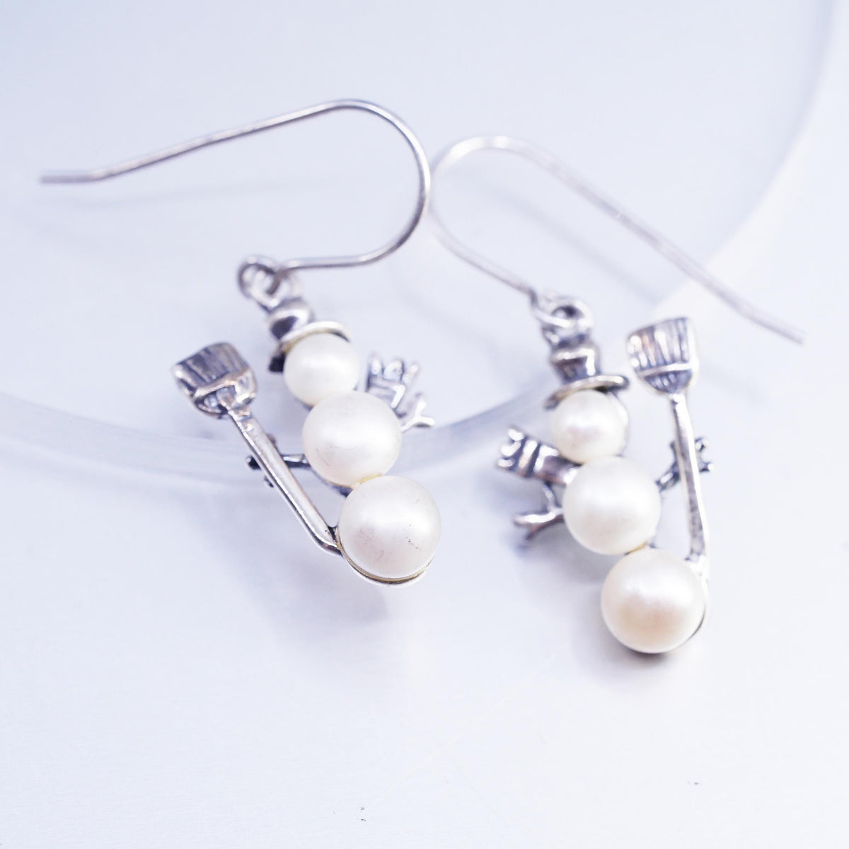Vintage 925 Sterling Silver Snowman Earrings with Triple-Drop Pearl