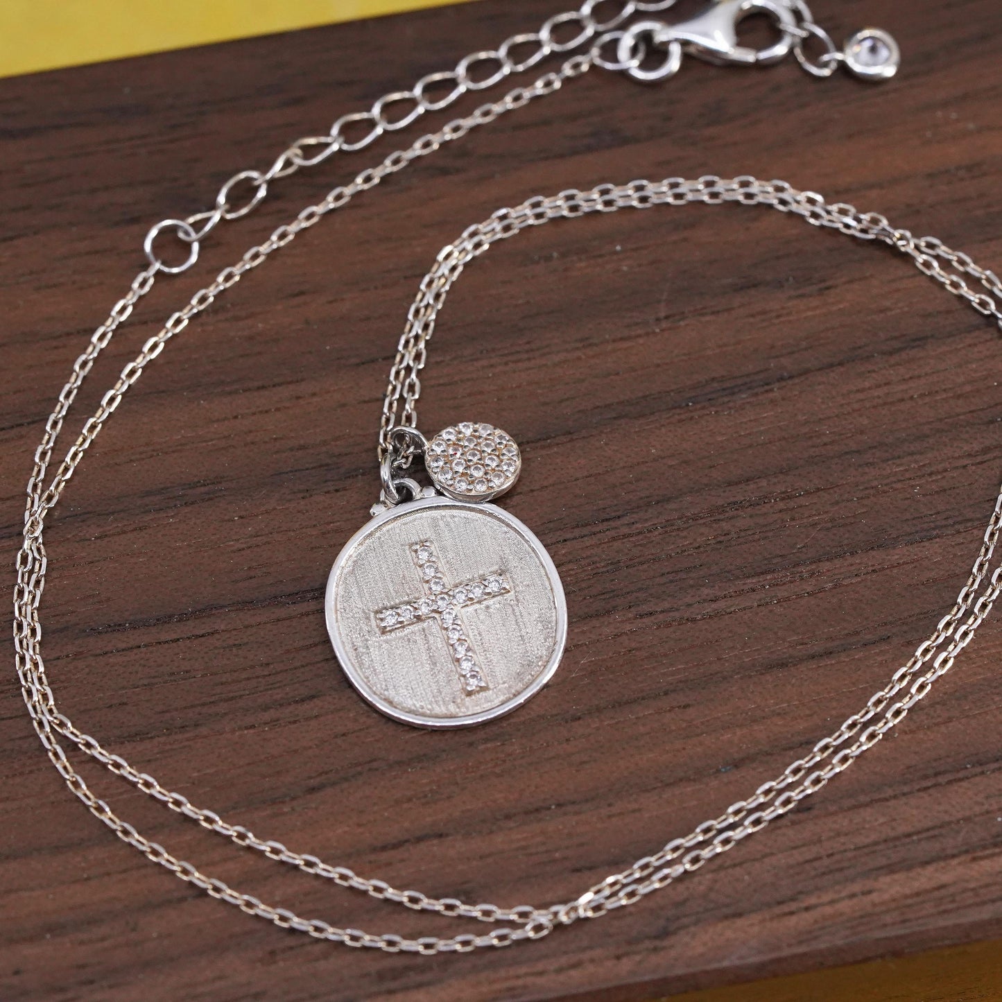 16+2”, Sterling silver necklace, 925 circle chain cluster cz cross pendant