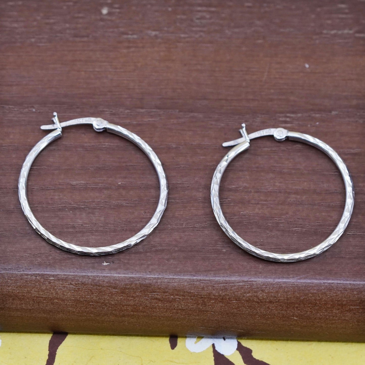 1.25”, vintage Sterling silver handmade earrings, textured 925 silver hoops