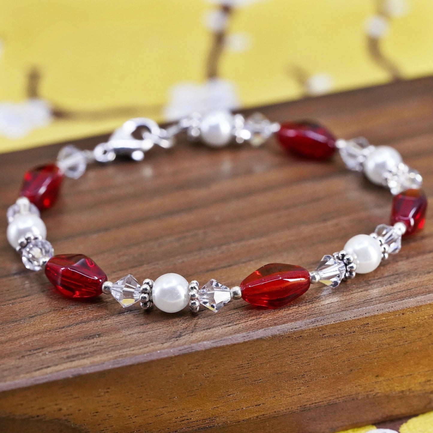 6.75”, Vintage Sterling 925 silver beads bracelet with pearl red crystal beads