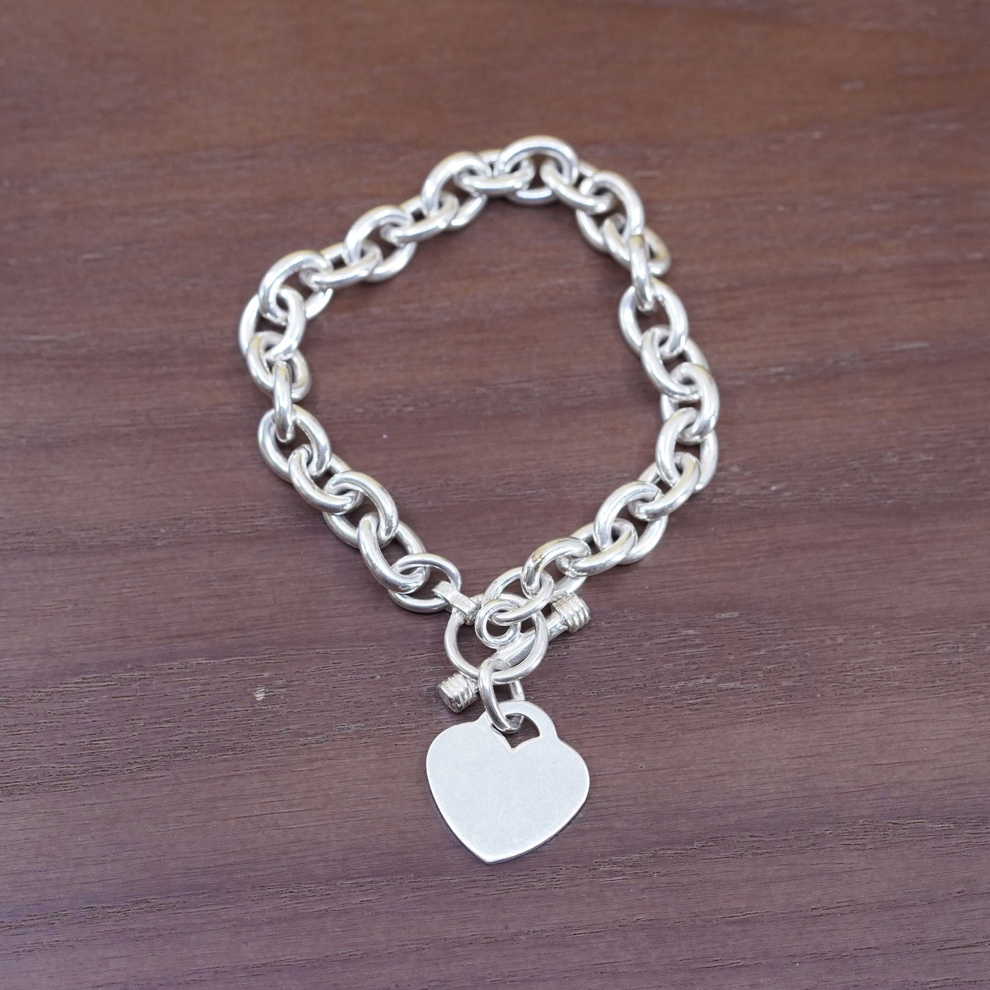 7.5", Sterling silver handmade bracelet, 925 bold oval chain w/ heart tag charm