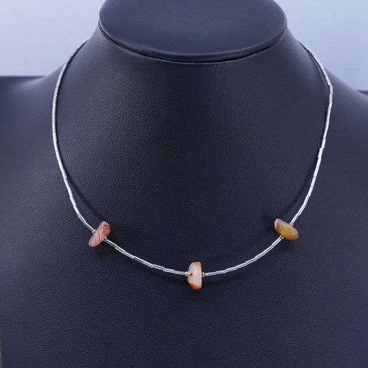 14”, Native American Sterling 925 liquid silver necklace with agate beads