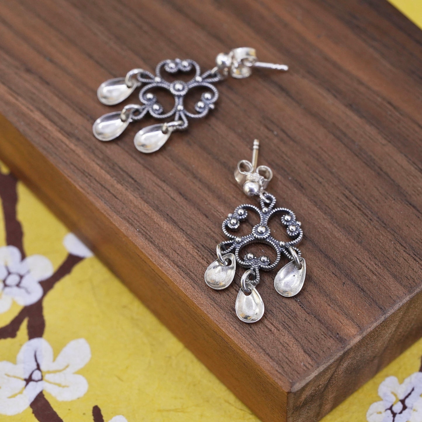 vintage sterling 925 silver handmade filigree earrings with teardrop dangles
