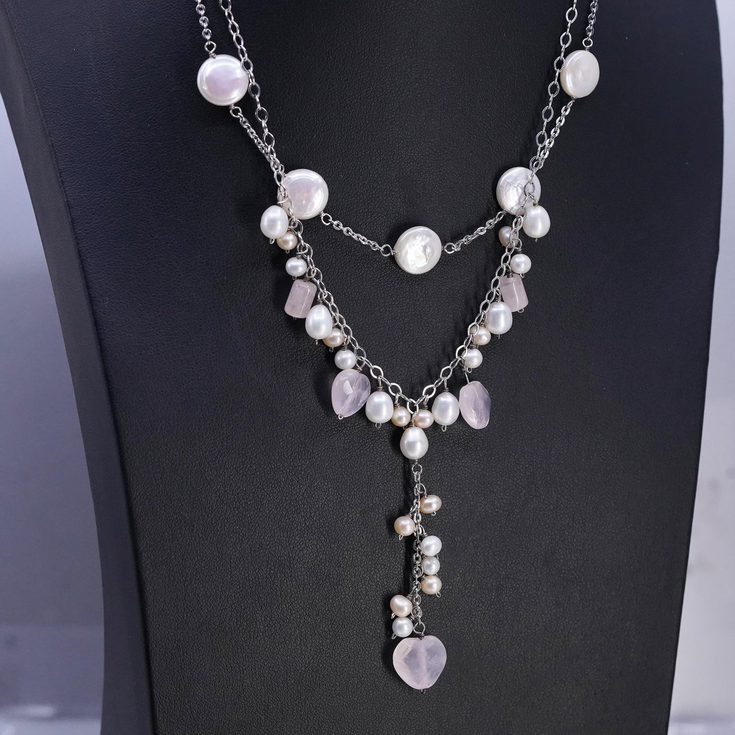 14+2” double strands Sterling 935 silver necklace cluster pearl quartz pendant