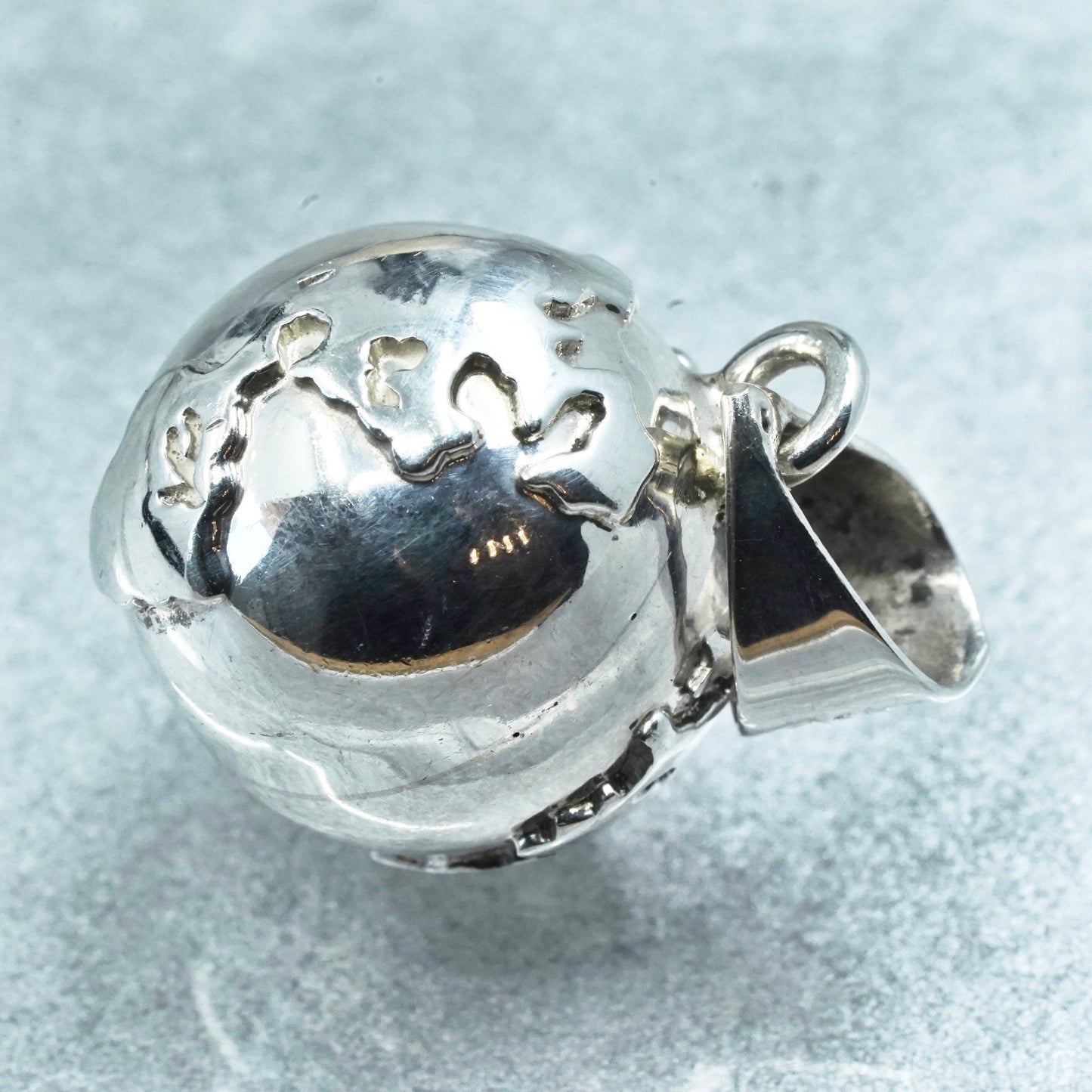 Vintage Mexican Sterling 925 silver chime harmony ball, 925 bell with world map