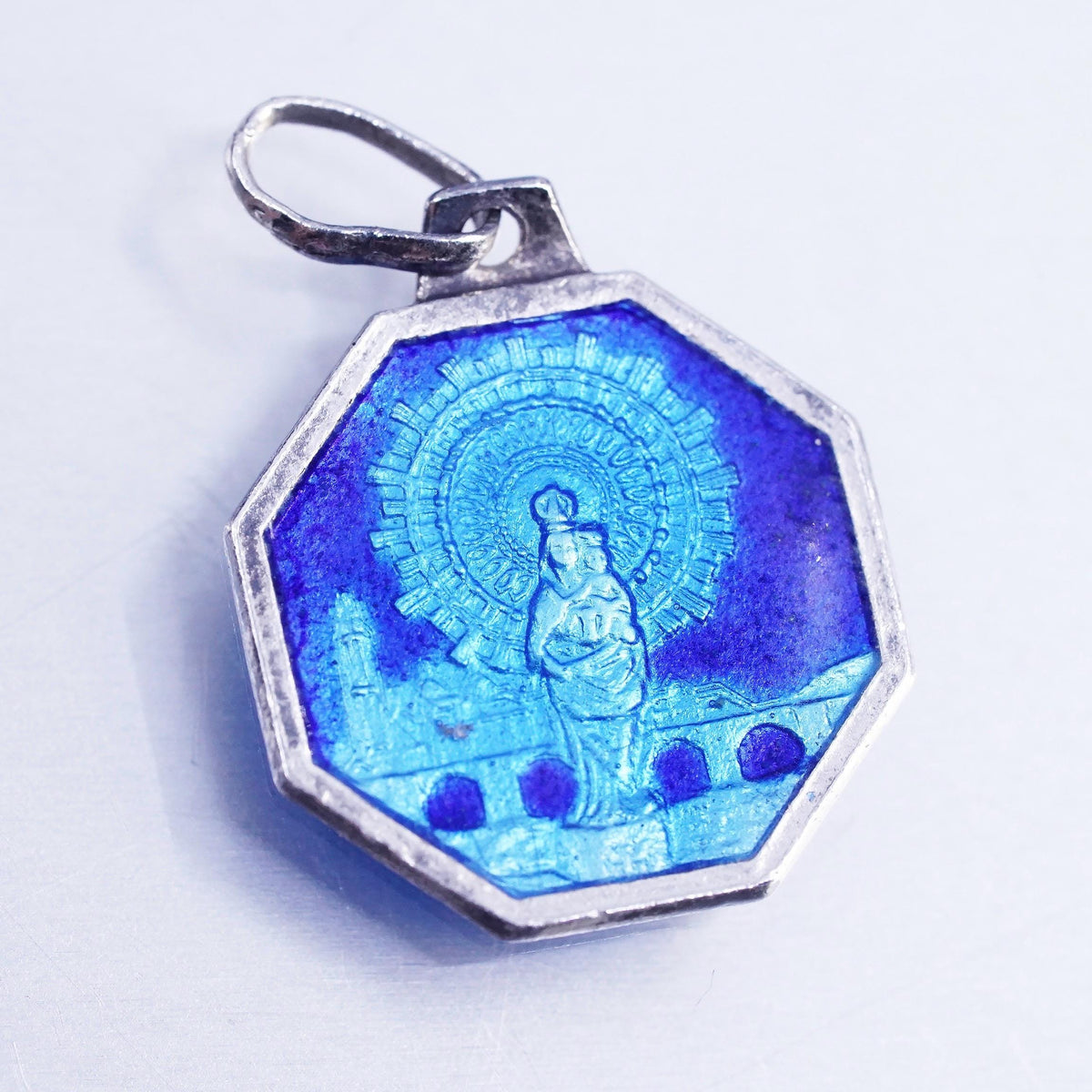 Blue Enamel Jesus Sacred Heart Virgin Mary Religious Double Sided Medal Pendant