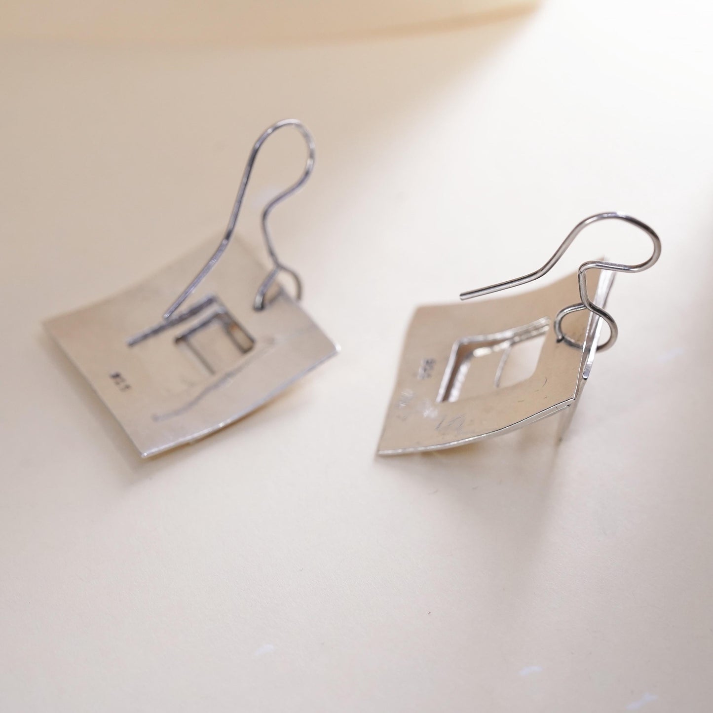 Vintage Sterling 925 Silver Hammered square disc Earrings