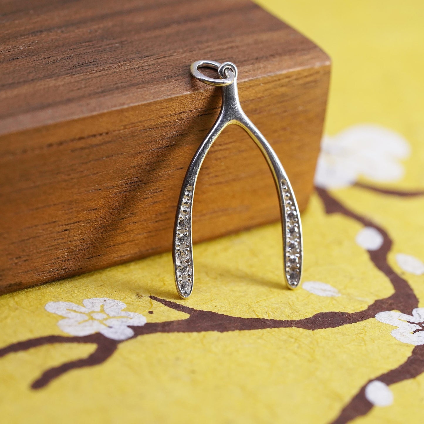 Vintage Sterling Silver 925 Wishbone Pendant Clear CZ Lucky Charm Good Luck