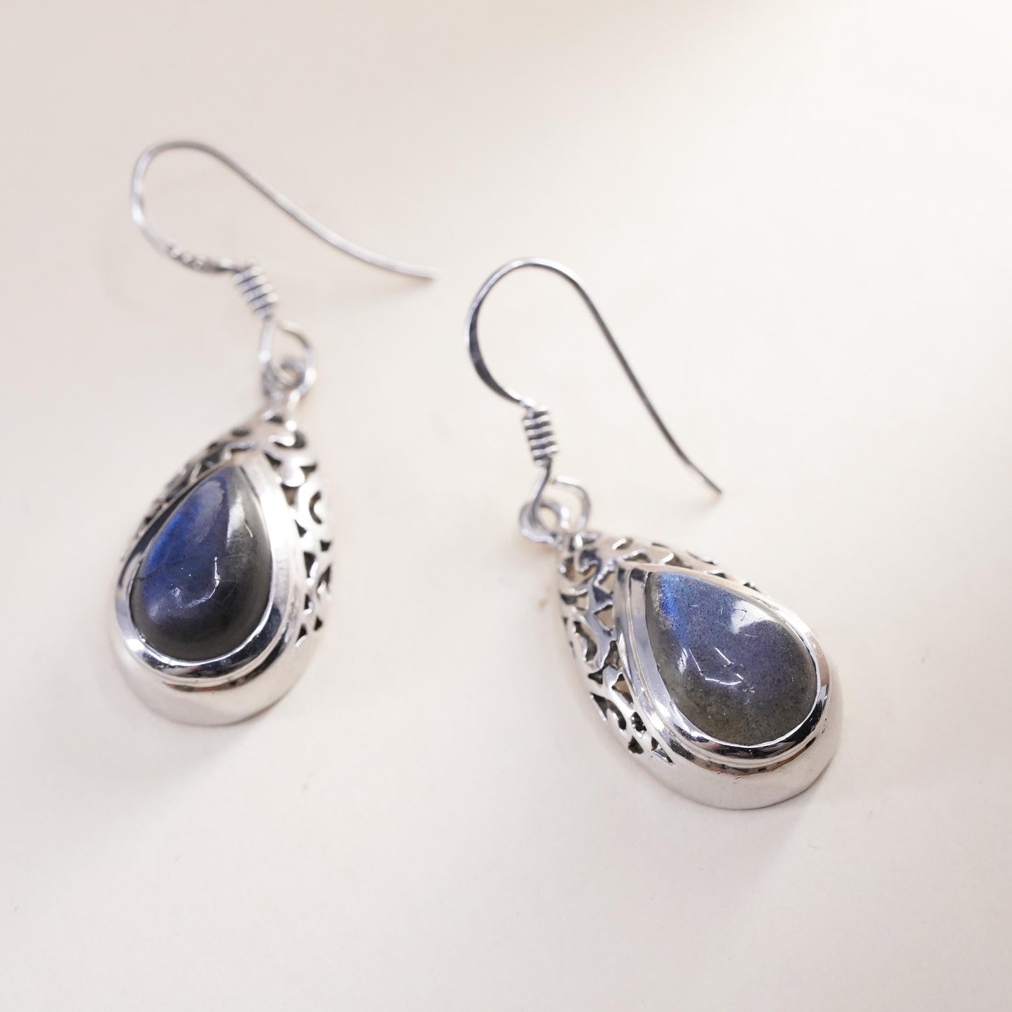 Vintage Sterling 925 silver filigree teardrop earrings with labradorite drops