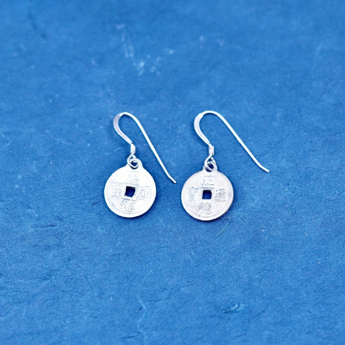mexico Sterling Silver handmade Earrings. 925 ancient Chinese coin disc dangles