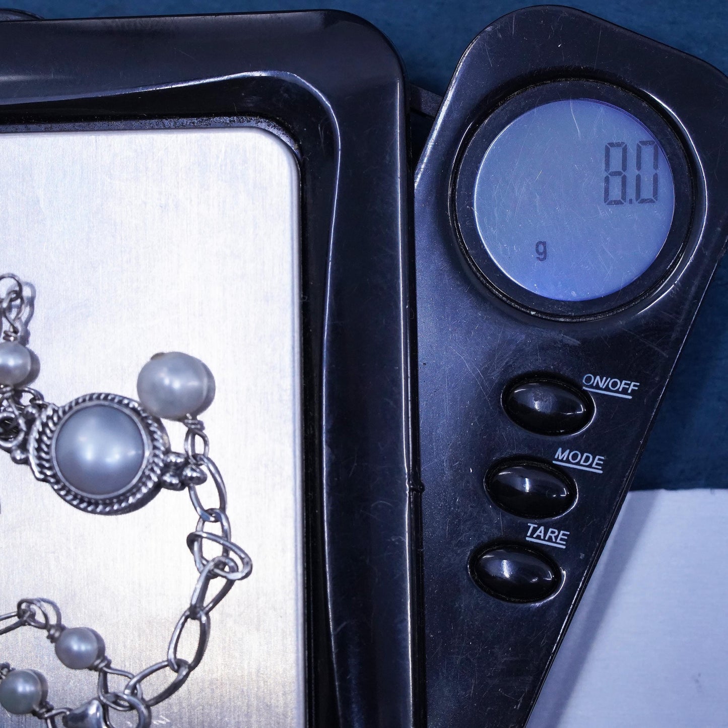 16+1” 2mm, vintage Sterling silver necklace, 925 figaro chain w/ pearl pendant