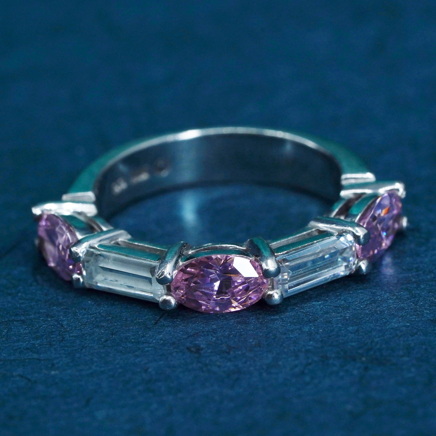 Size 4.5, Sterling 925 silver handmade ring, 925 stackable wedding band pink Cz