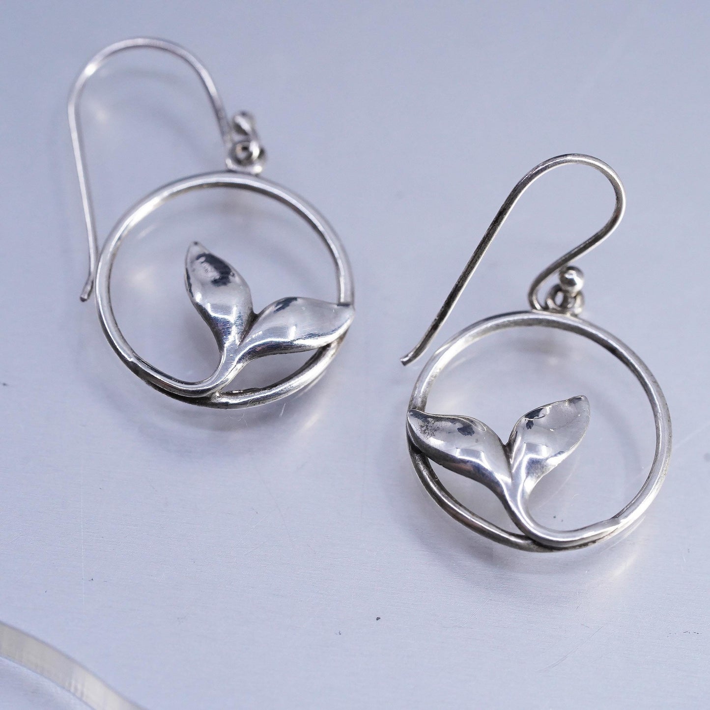 Vintage Sterling 925 silver handmade leaf circle earrings